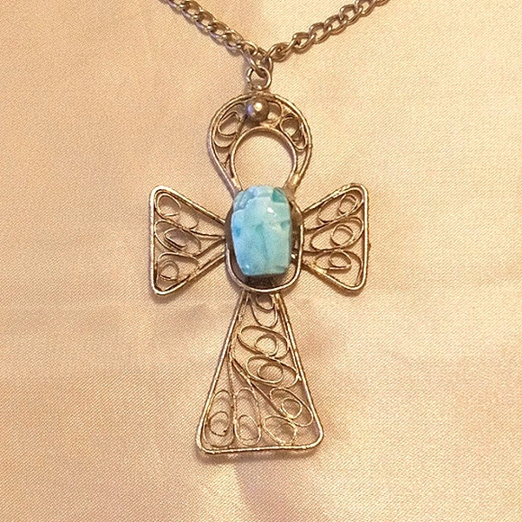 Angel Cross Pendant!  Large Turquoise Stone in Filigree Pewter Cross! 👼✝️ - Picture 4 of 6